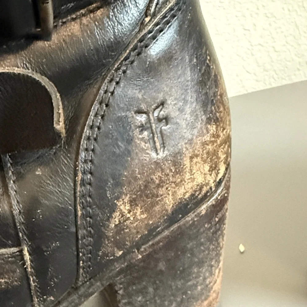 Frye Distressed Black Leather Mid Calf Boots with Buckle Detail - Picture 10 of 16